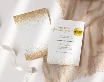 EDITABLE New Year's Invitation Template, retro disco ball gold glitter, New Years 2023 Party Invite printable, New Years Eve Evite Digital