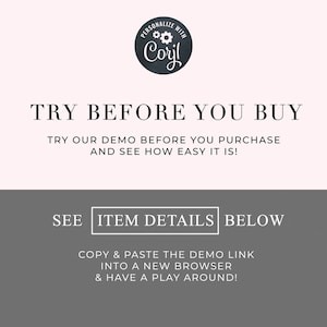 May include: A gray and white graphic with the text "TRY BEFORE YOU BUY" and "TRY OUR DEMO BEFORE YOU PURCHASE AND SEE HOW EASY IT IS!"  Below the text is a gray rectangle with the text "SEE ITEM DETAILS BELOW" and "COPY & PASTE THE DEMO LINK INTO A NEW BROWSER & HAVE A PLAY AROUND!"