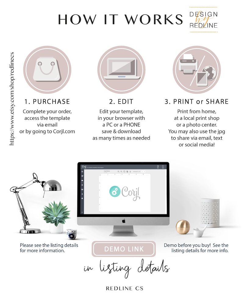 May include: A graphic showing how to purchase, edit, and print or share a digital template. The graphic features a shopping bag, a laptop, and a printer. The text "DESIGN by REDLINE" is at the top of the graphic. The text "in listing details" is at the bottom of the graphic.