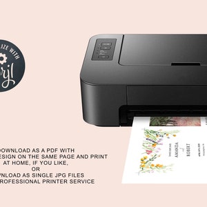 May include: A black printer with a sheet of paper coming out of it. The paper has a floral design and the text "Amanda and Robert" on it. The text "PERSONALIZE WITH Coryl" is in a circle on the left side of the image.