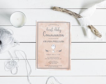 Invitation à la première communion rose fard à joues imprimable, modèle d'invitation à la communion fille, INSTANT Télécharger le modèle modifiable PDF
