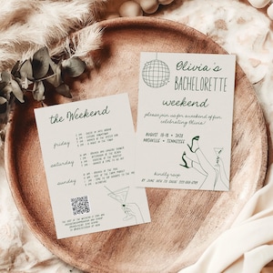 Addio al nubilato invito weekend con programma, stile retro illustrato a mano, cocktails tra amiche, template modificabile aa059