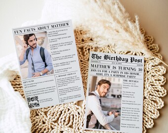 Puede incluir: Dos tarjetas de invitación con temática de periódico. Una tarjeta tiene el titular "FUN FACTS ABOUT MATTHEW" y una foto. La otra tarjeta dice "The Birthday Post" y "MATTHEW IS TURNING 30". Ambas tarjetas tienen una foto de un hombre.