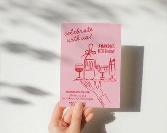 Retro Birthday Party Invitation template, hand drawn quirky funky scribble illustration, hand written french style, any age AA059