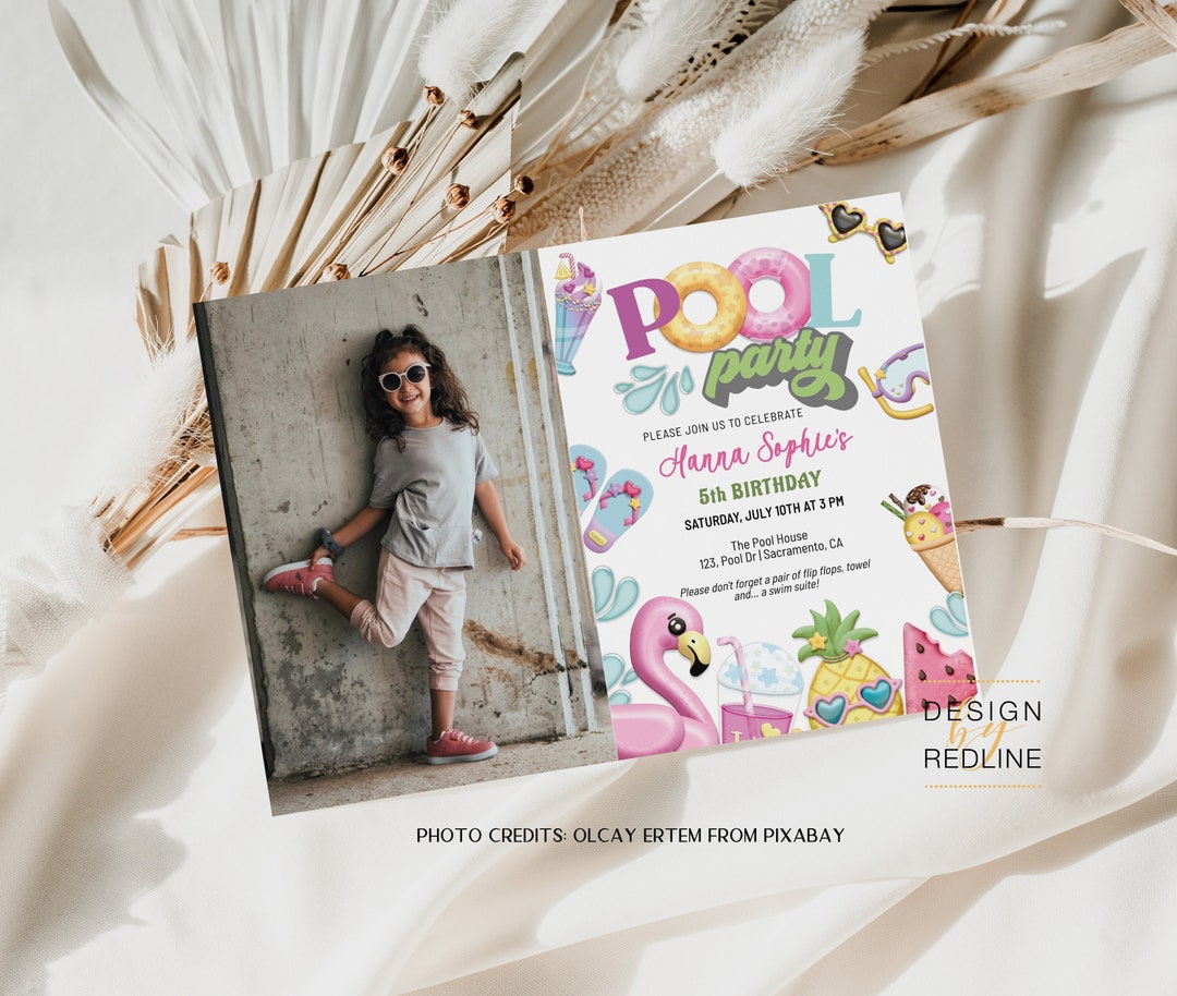Photo Party Invitations Pool Birthday Party Invitation Template With Photo, Custom Photography ...