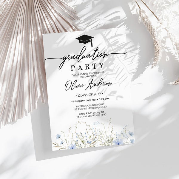 Blue wildflower Graduation Party Invitation template | boho floral grad party invite digital dowload | edit with Corjl