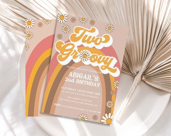Groovy 2nd Birthday Party Invitation Template, Editable Hippie Floral 70's Birthday Party, Daisy Rainbow Birthday 2 years Invite PDF