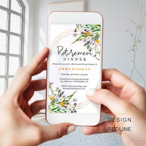 Festa Pensionamento invito elegante e floreale, invito elettronico per smartphone, download istantaneo PDF da editare