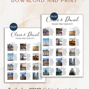 May include: Two printable wedding seating chart templates featuring a travel theme. The charts are titled "Olivia & Daniel" and feature images of famous landmarks from around the world. The charts are available in two sizes: 18x24 inches and 24x36 inches.