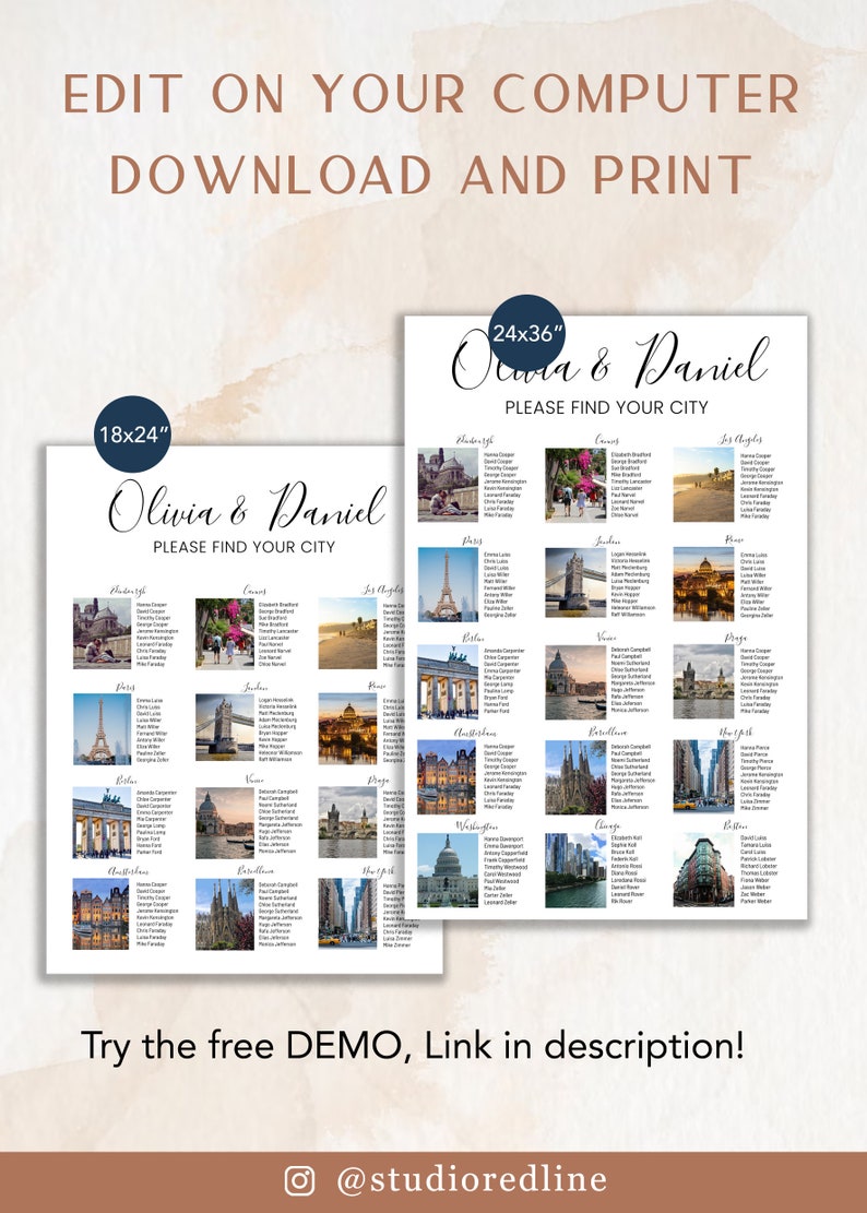 May include: Two printable wedding seating chart templates featuring a travel theme. The charts are titled "Olivia & Daniel" and feature images of famous landmarks from around the world. The charts are available in two sizes: 18x24 inches and 24x36 inches.