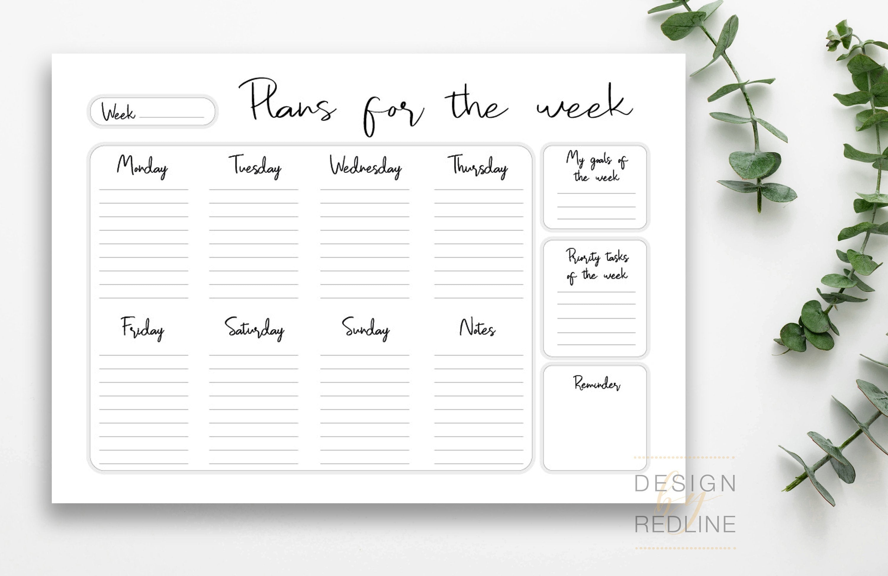 Planner settimanale da stampare minimalista in bianco e nero, PDF