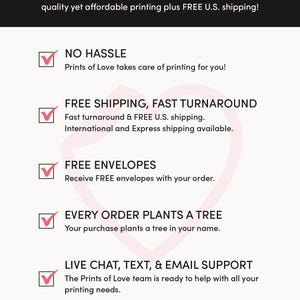 Pu&ograve; includere: Grafica promozionale per Prints of Love, un servizio di stampa professionale. L'immagine presenta un logo a forma di cuore e testo che evidenzia i vantaggi: nessun problema, spedizione gratuita, buste gratuite, piantare alberi e supporto live. Viene fornito anche un link di riferimento.