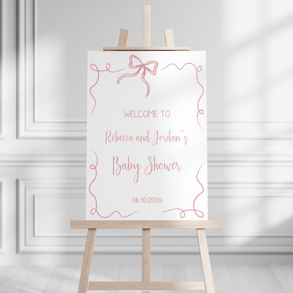 Benvenuti Baby Shower con fiocco rosa disegnato a mano, template da editare e stampare aa045