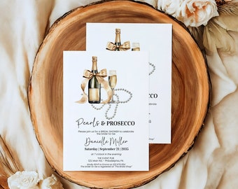 Pearls & Prosecco Bridal Shower Invitation template, Couples Shower Champagne Party invite, gold bow, wedding shower AA067B