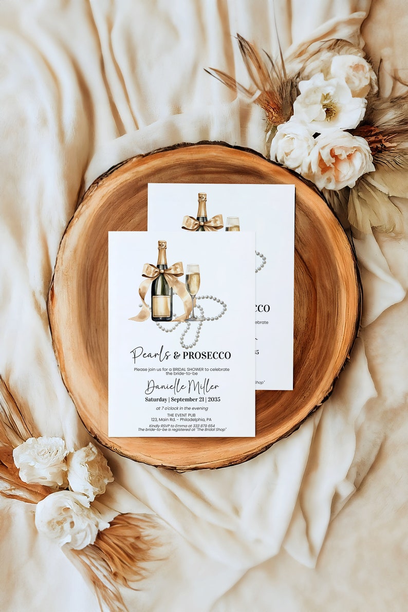 Pearls and Prosecco Bridal Shower Invitation template, Couples Shower Champagne Party invite, gold bow, wedding shower AA067B image 1