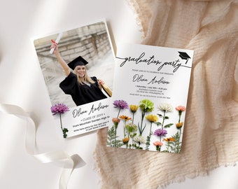 Floral Graduation Invitation Template, Colorful Flower Stems, Printable wildflowers grad Invite and announcement, Instant Download, AA071