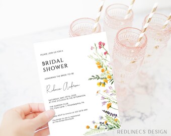 Wildflower Bridal Shower Invitation, Editable Birdal Shower Invitation Printable, Boho Bridal Shower floral inte template