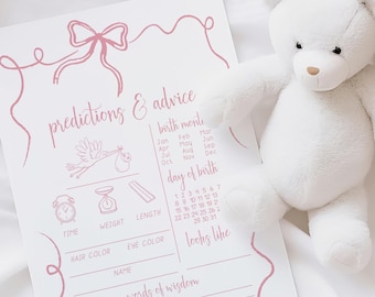 EDITABLE Baby Predictions and Advice, Whimsical bow, hand drawn baby girl card Printable, Fun Activity Ideas, AA045