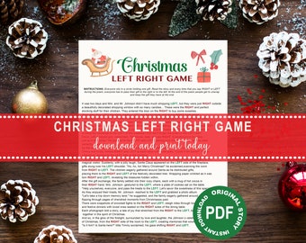 Op de afbeelding: Een printbaar kerstspel met instructies voor een links-rechts spel. Het spel is gebaseerd op een verhaal over een familie die kerst viert. De tekst op de pagina luidt "Christmas Left Right Game" en "Download and print today".