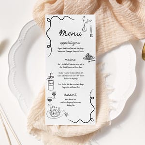 May include: A black and white menu with a handwritten font. The menu is titled "Menu" and lists appetizers, main courses, and desserts. The menu includes drawings of food and drinks.