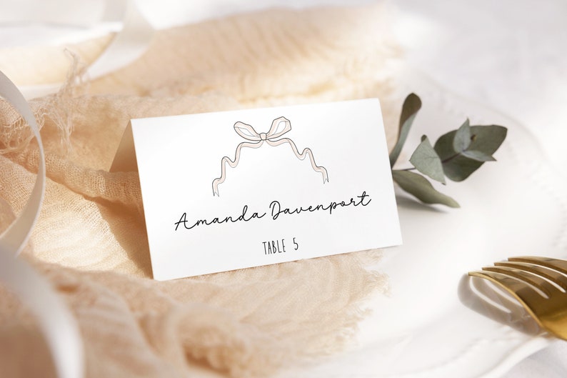 TABLE PLACE CARDS template, Elegant Bow Place Card, Editable Hand drawn Ribbon Place Card, vintage coquette, quirky, funky AA048 image 1