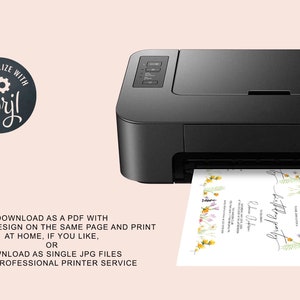 May include: A black printer with a white sheet of paper coming out of it. The paper has a floral design and text that says "Birthday Party". The text "PERSONALIZE WITH Coryl" is in a circle with gears in the upper left corner of the image.