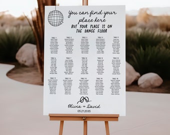 Wedding seating chart template, disco ball 70s themed, yoour place is on the dance floor, table seating chart sign, fancy  AA045