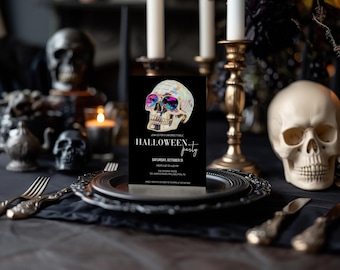 Adult Halloween Party Invite Template, Disco Hippy Skull Invitation,  Costume Party Invitation, Editable Evite