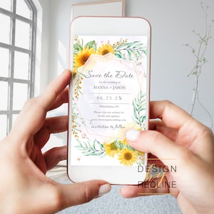 Annuncio di matrimonio digitale con bellissimi girasoli, invito elettronico per smartphone, download istantaneo PDF da editare