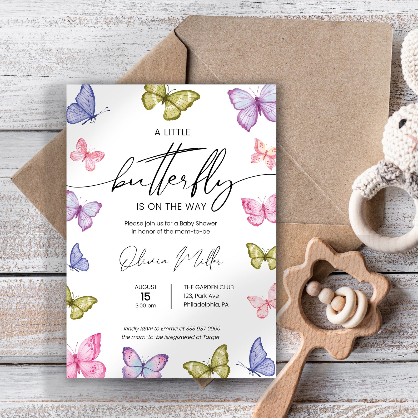 Boho Butterfly Baby Shower Invitation Set Template, Neutral Colorful ...