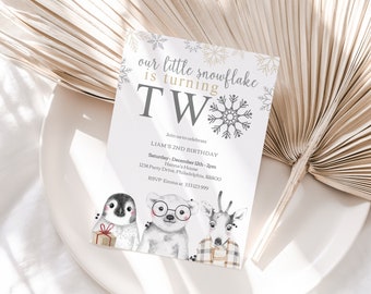 Winter 2nd Birthday  Invitation, Snowflake neutral little snowflake turing 2, baby animals party invite, winter wonderland editable template