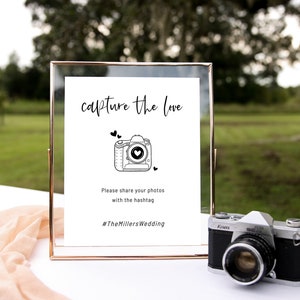 Cartello con indicazione hashtag personalizzato per fotografie matrimonio o festa, editabile da stampare