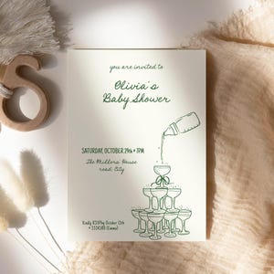Baby Shower invitation template, Champagne tower and baby bottle hand drawn funny invite, whimsical handwritten, editable colors AA106