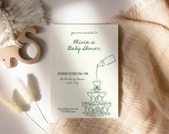 Puede incluir: Una invitación de baby shower verde y blanca con un dibujo de una botella que se vierte en una torre de copas de champán. La invitación dice "Estás invitado a la baby shower de Olivia" e incluye la fecha, la hora y el lugar del evento.