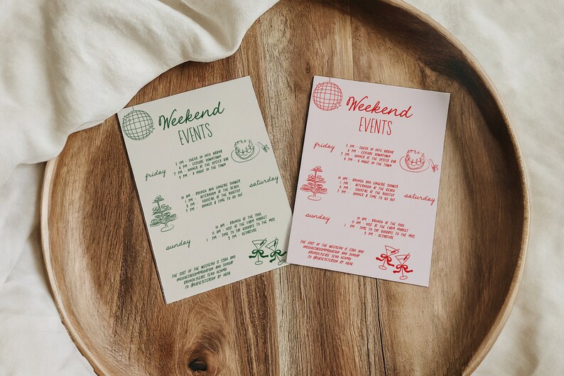 Pode incluir: Dois planejadores de eventos de fim de semana imprim&iacute;veis com um gr&aacute;fico de bola de discoteca. O planejador &agrave; esquerda est&aacute; sobre um fundo bege com texto e ilustra&ccedil;&otilde;es verdes. O planejador &agrave; direita est&aacute; sobre um fundo rosa com texto e ilustra&ccedil;&otilde;es vermelhas. Ambos os planejadores listam os eventos para sexta-feira, s&aacute;bado e domingo.