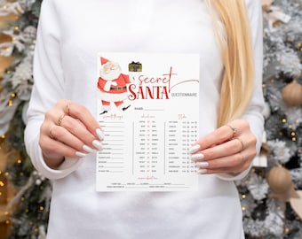 Editable Secret Santa Questionnaire template for work office family Gift Exchange, Christmas Holiday Party Games Printables AA028