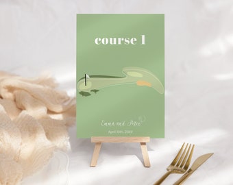 May include: A green card with the text "course 1" in white, a cartoon golf course, and the text "Emma and Peter April 10th, 20XX".