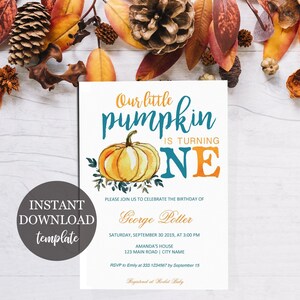Herbst Erster Geburtstag Einladungskarte Vorlage, Kleine Kürbis Junge Birthday One Invite zum ausdrucken