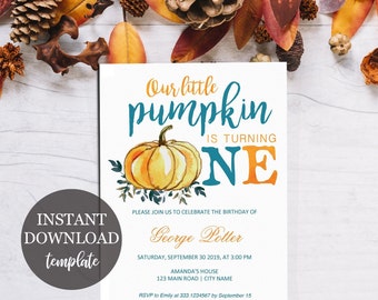 May include: A printable invitation for a first birthday party with a pumpkin theme. The invitation features a watercolor illustration of a pumpkin with the text "Our little pumpkin is turning one".