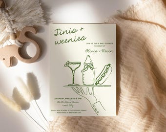 May include: A baby shower invitation with green illustrations of a cocktail, a baby bottle, and a hot dog on a tray. The text reads "Tinis + weenies" and "Join us for a baby shower in honor of Olivia + Kevin".