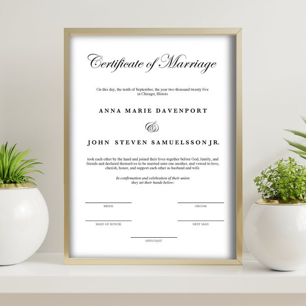 Certificato di Matrimonio, idea regalo per gli sposi, ricordo del giorno del matrimonio, template da editare e stampare, PDF