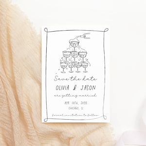 Annuncio di matrimonio con  torre champagne, colori editabili, stile vintage francese, disegnato a mano, edita e stampa, fai da te