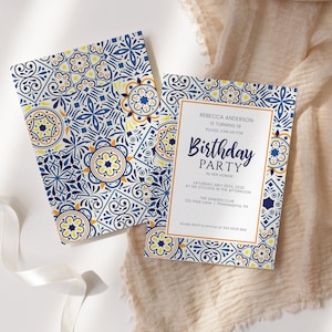 Portuguese tiles Birthday Party template, Orange and Blue Mediterranean tiles birthday invite printable, Digital Download edit with Corjl