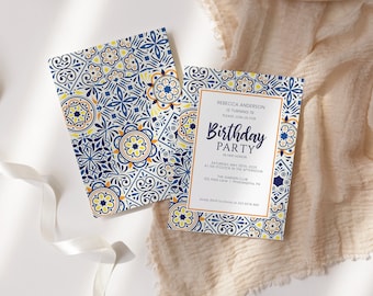 Portuguese tiles Birthday Party template, Orange and Blue Mediterranean tiles birthday invite printable, Digital Download edit with Corjl
