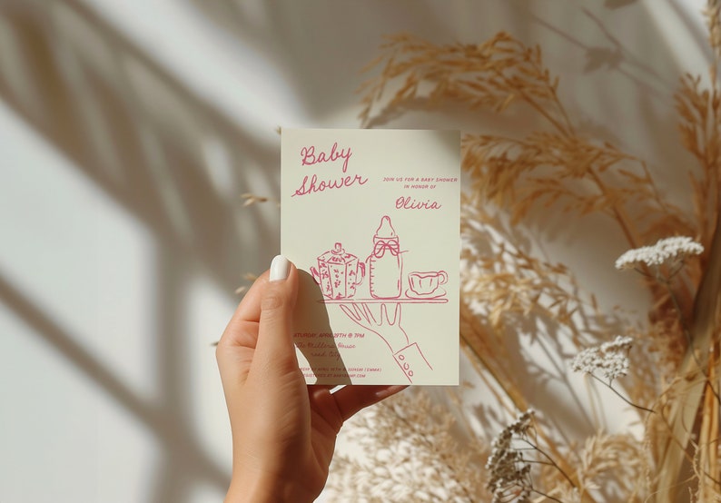 Baby Shower invitation featuring hand drawn scribble tea pot, tea cup and baby bottle, fancy and unique quirky baby shower invitation.