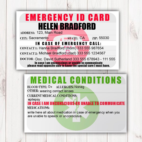 Emergency Identification Card Template, Medical Condition Card, Medication instruction card for emergency, Instant Download Printable PDF