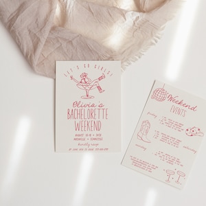 Addio al nubilato invito weekend con programma, stile retro illustrato a mano, last rodeo weekend tra amiche, template modificabile aa068
