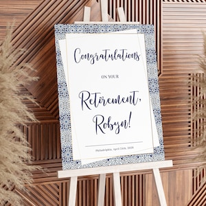 Cartello di benvenuti per festa di pensionamento con congratulazioni per il pensionato, template personalizzabile con maioliche blu