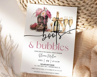 Boots and Bubbles Invitation, Cowgirl Boots Bridal Shower Invitation, Couples Wedding Shower Invitation, Editable template AA050
