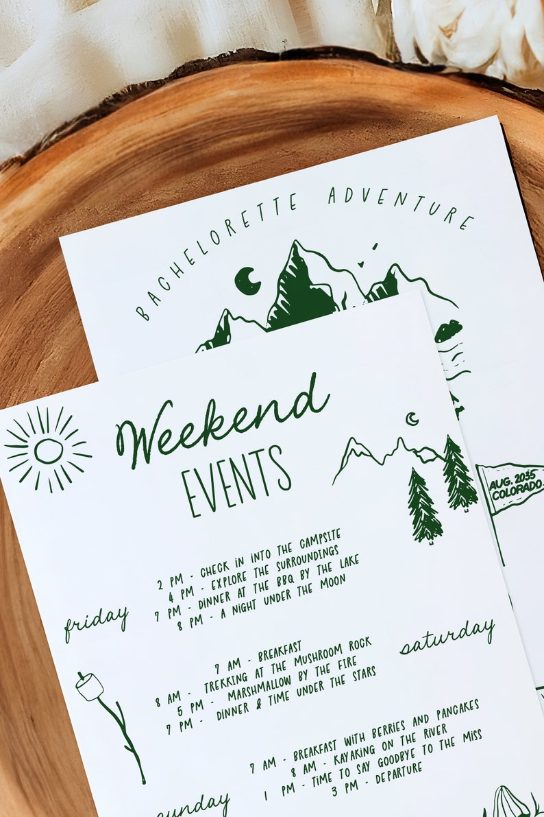 Camp Bachelorette Party Invitation and Itinerary Template, Hand drawn Retro Weekend Invite, Last Trail, Camping Glamping AA063 image 5